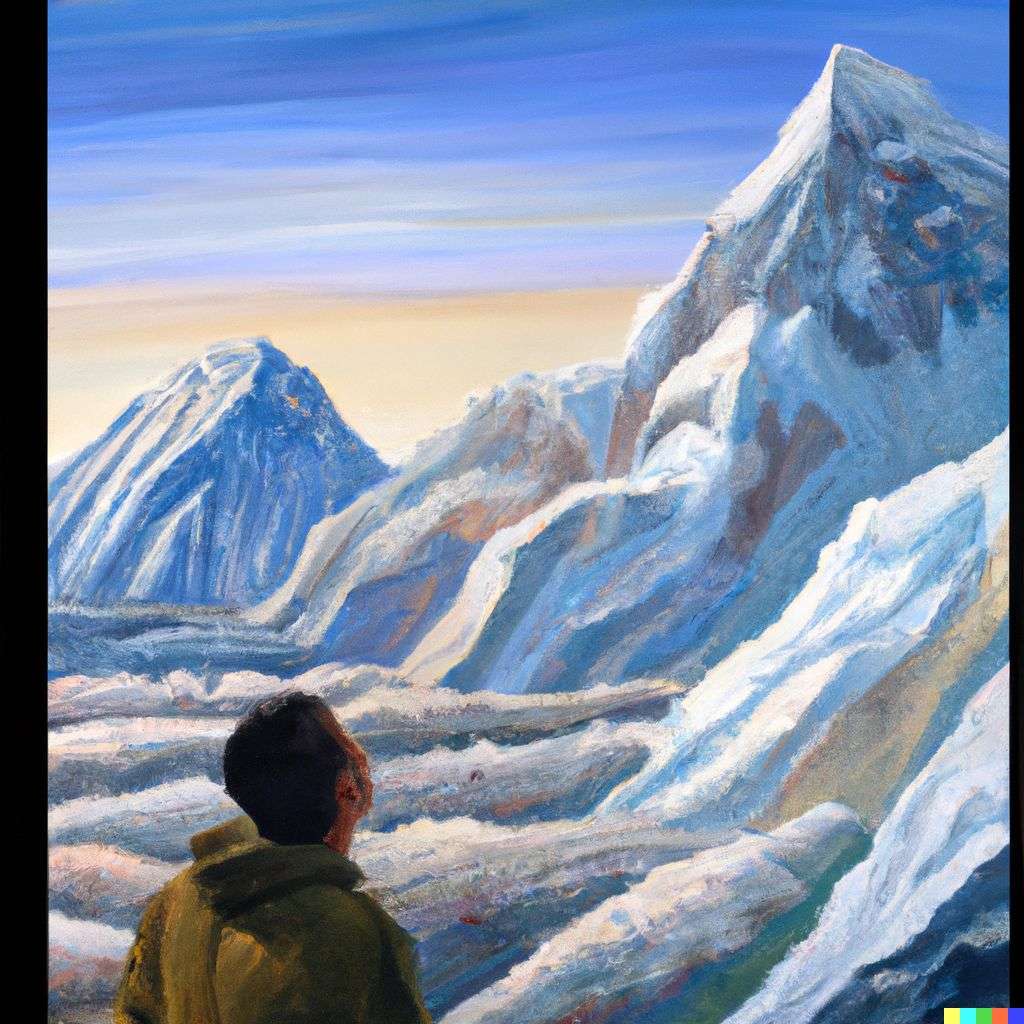 someone gazing at Mount Everest, painting, hyperrealism